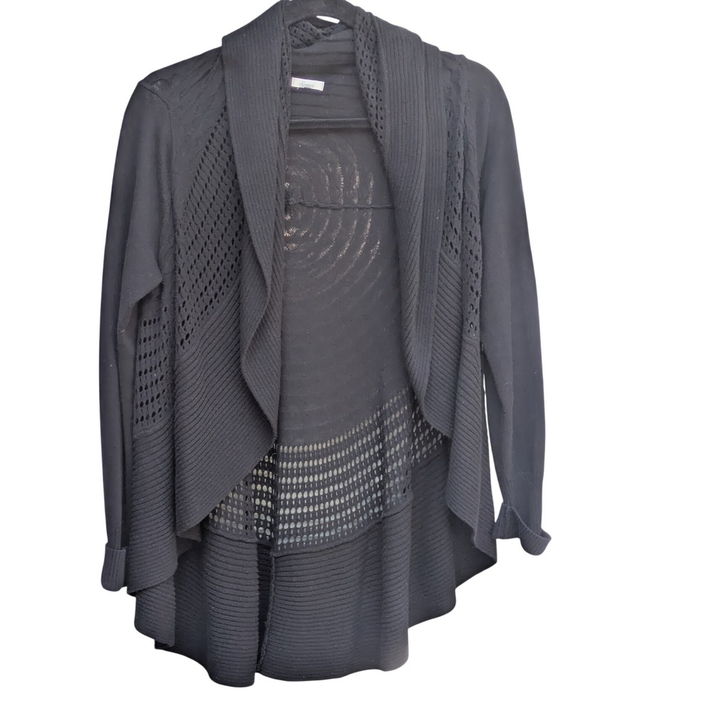 Soma Black Open Front Cardigan Draped Shawl Neck Pointelle Knit Sweater - Picture 2 of 4